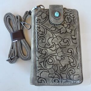 Montana West Gray Floral Embossed Crossbody Phone Wallet with Turquoise Button